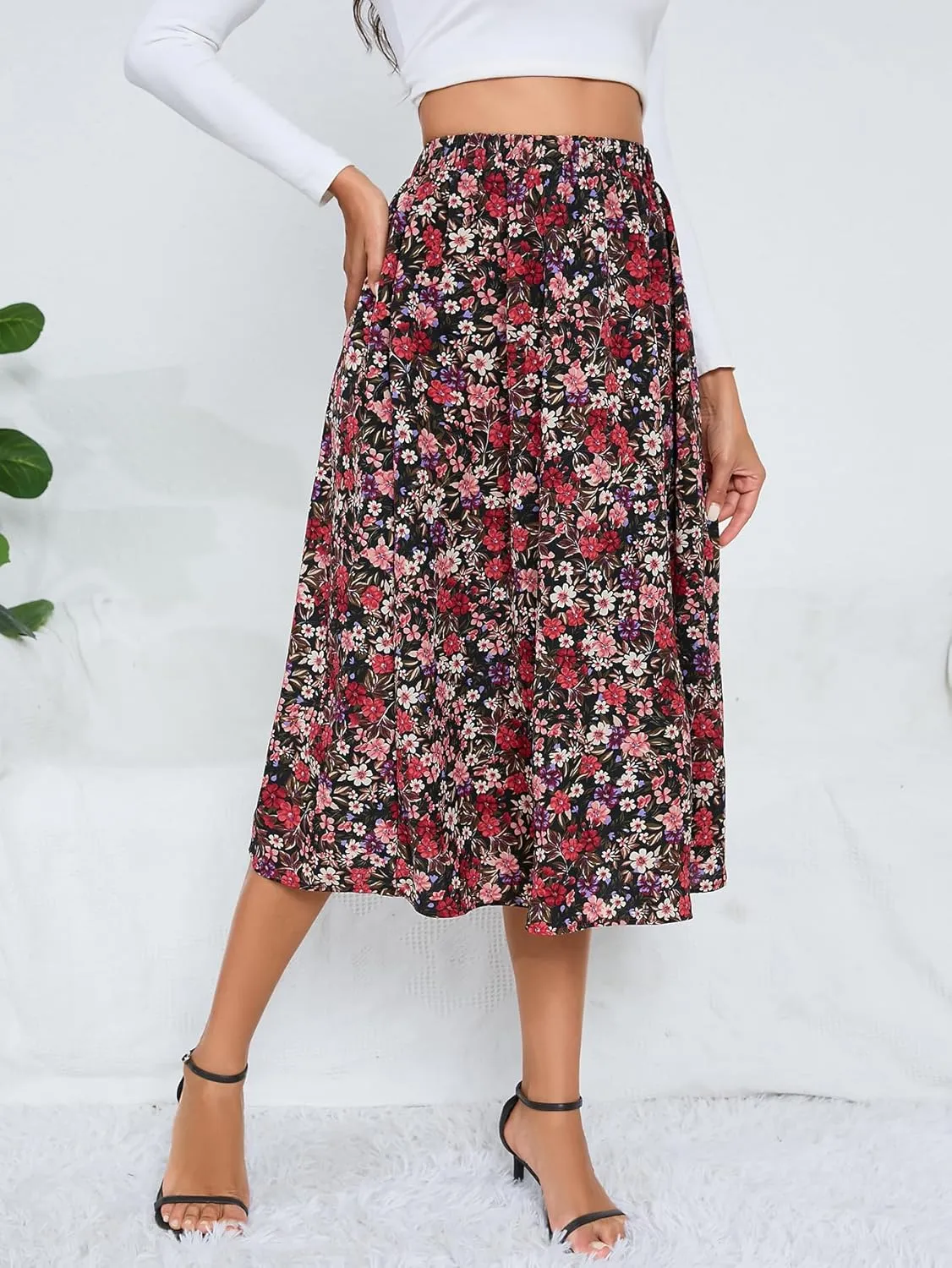 Milumia Women's Vintage Printed A Line High Waist Flare Flowy Casual Midi Skirts
