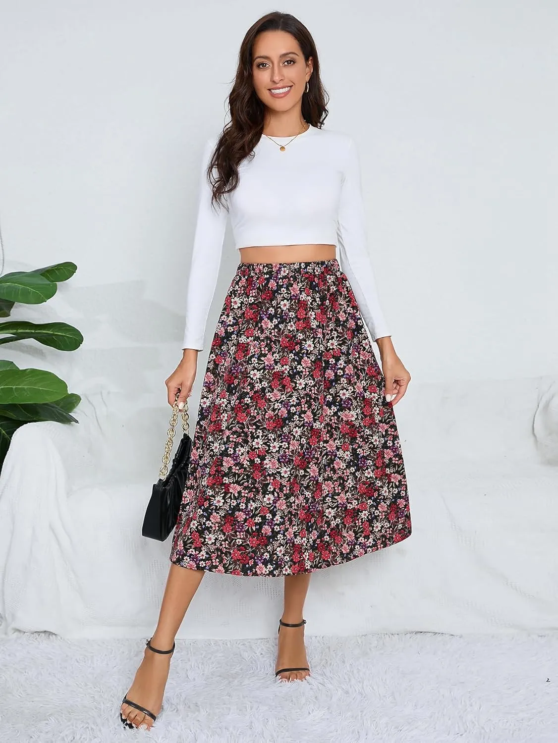 Milumia Women's Vintage Printed A Line High Waist Flare Flowy Casual Midi Skirts
