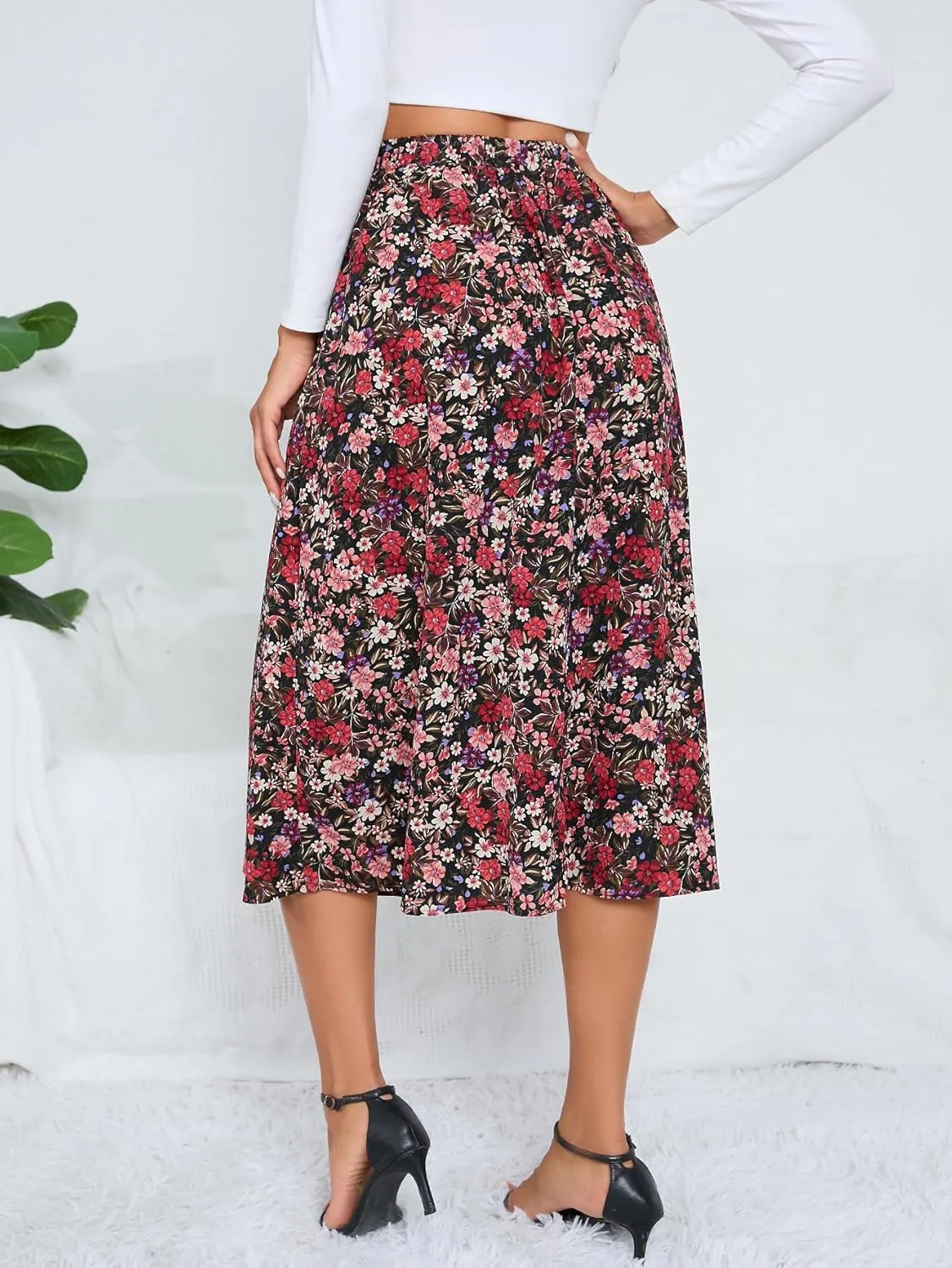 Milumia Women's Vintage Printed A Line High Waist Flare Flowy Casual Midi Skirts