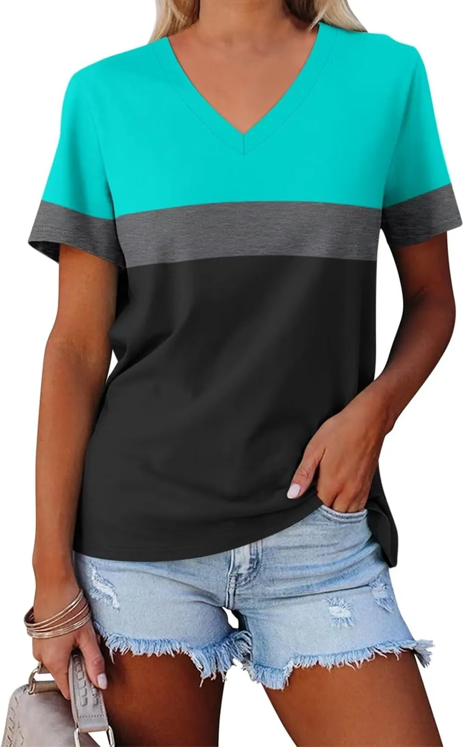 Minetom Women's Color Block/Solid Tops Short Sleeve V Neck T Shirts Summer Casual Tees