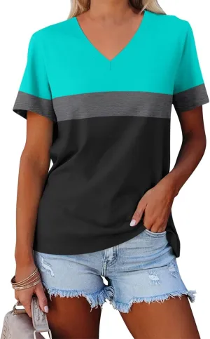 Minetom Women's Color Block/Solid Tops Short Sleeve V Neck T Shirts Summer Casual Tees