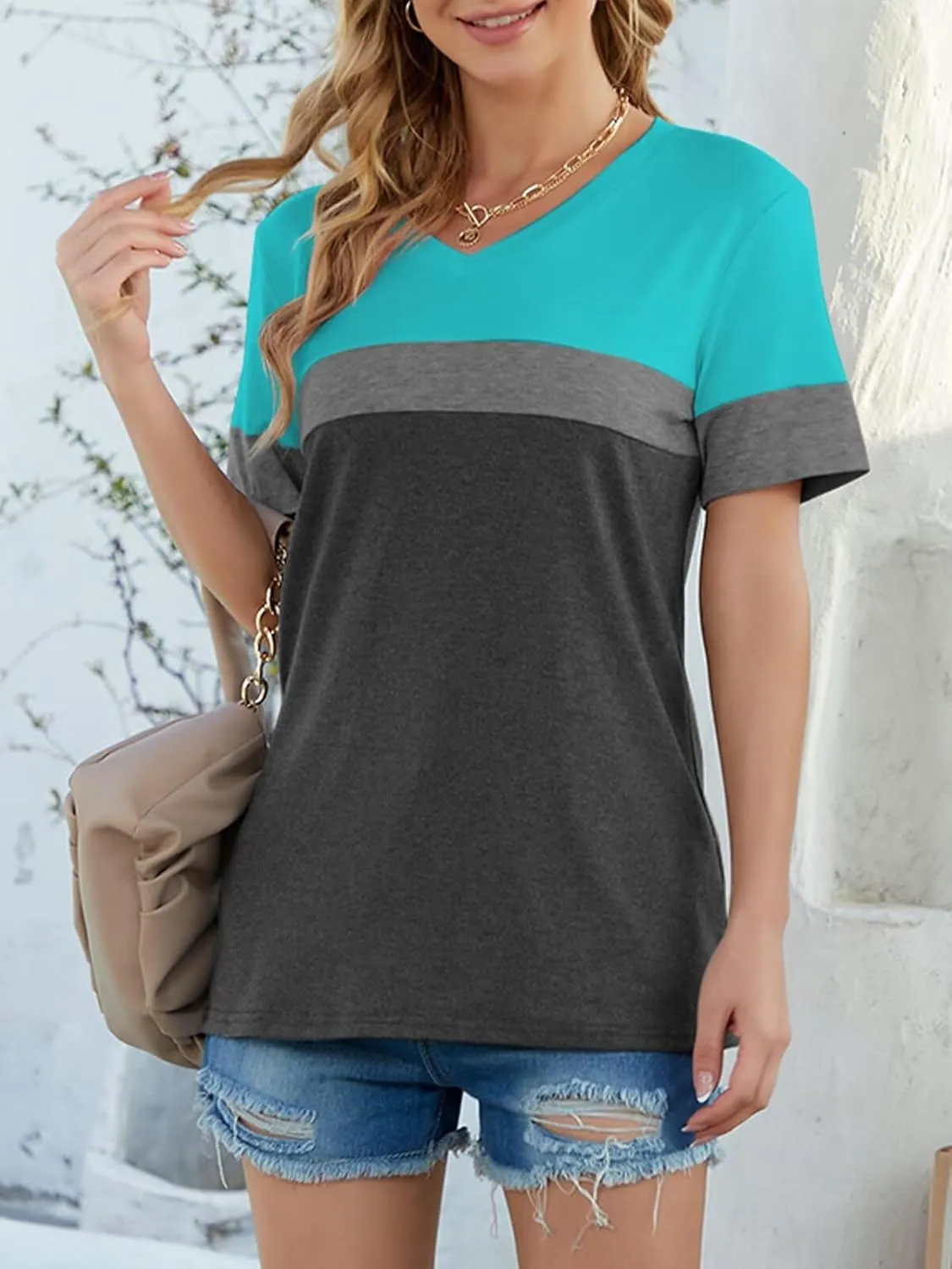 Minetom Women's Color Block/Solid Tops Short Sleeve V Neck T Shirts Summer Casual Tees