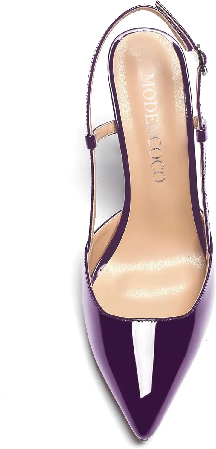 MODENCOCO Women's Patent Leather Ankle Strap Slingback Pointed Toe Kitten Low Heel Pumps Business Office Work Dress Shoes 1.5 Inch