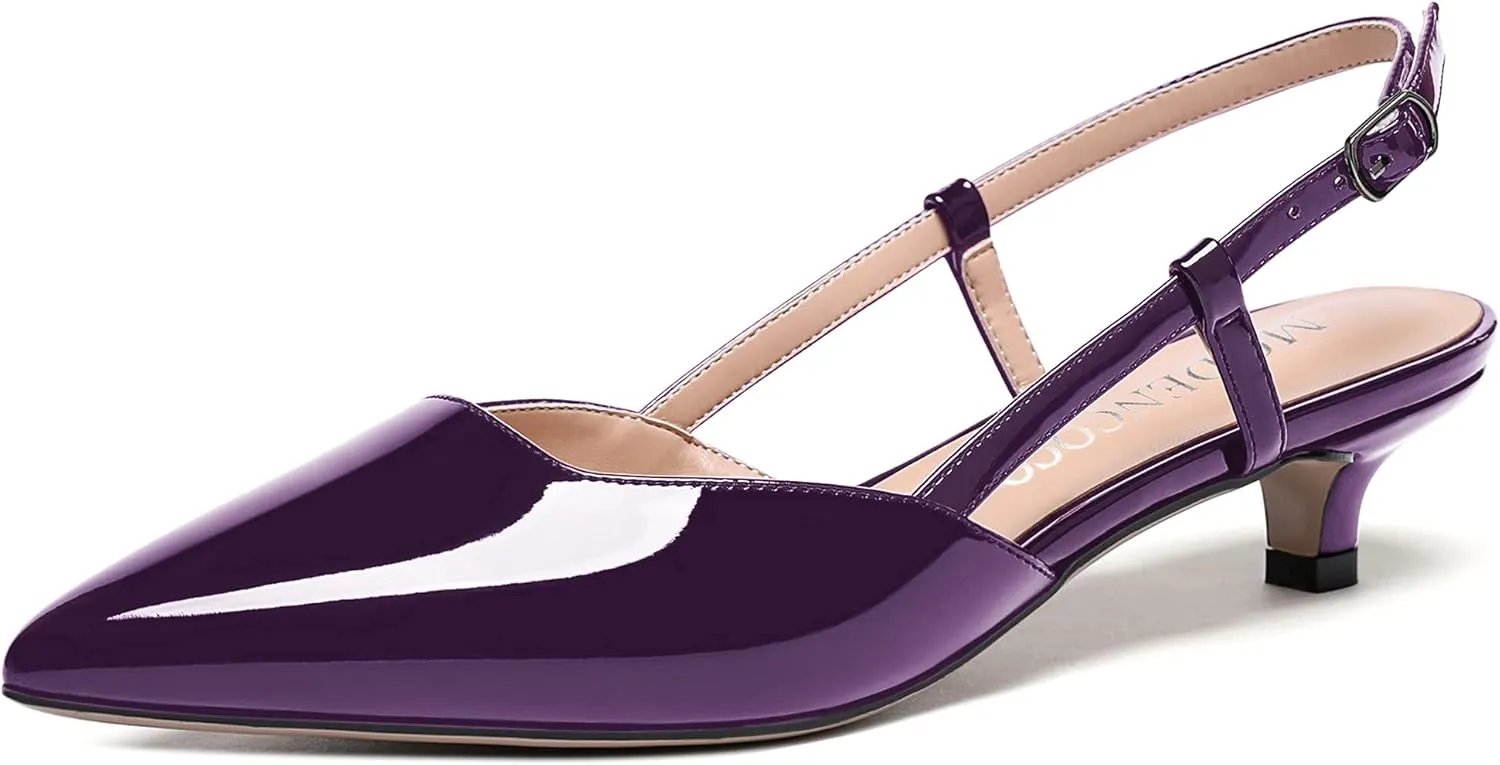 MODENCOCO Women's Patent Leather Ankle Strap Slingback Pointed Toe Kitten Low Heel Pumps Business Office Work Dress Shoes 1.5 Inch