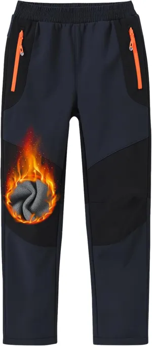 MoFiz Kids Fleece Lined Hiking Snow Ski Pants Boys Waterproof Winter Warm Outdoor Pants with Zippered Pocket