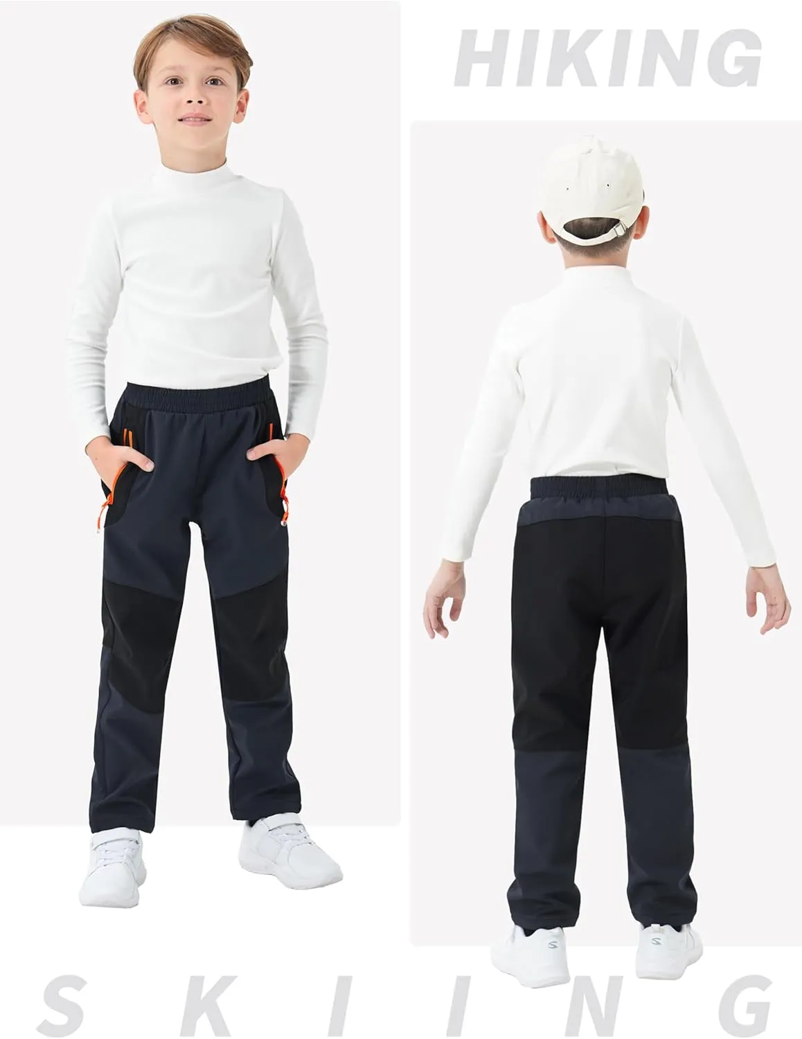 MoFiz Kids Fleece Lined Hiking Snow Ski Pants Boys Waterproof Winter Warm Outdoor Pants with Zippered Pocket