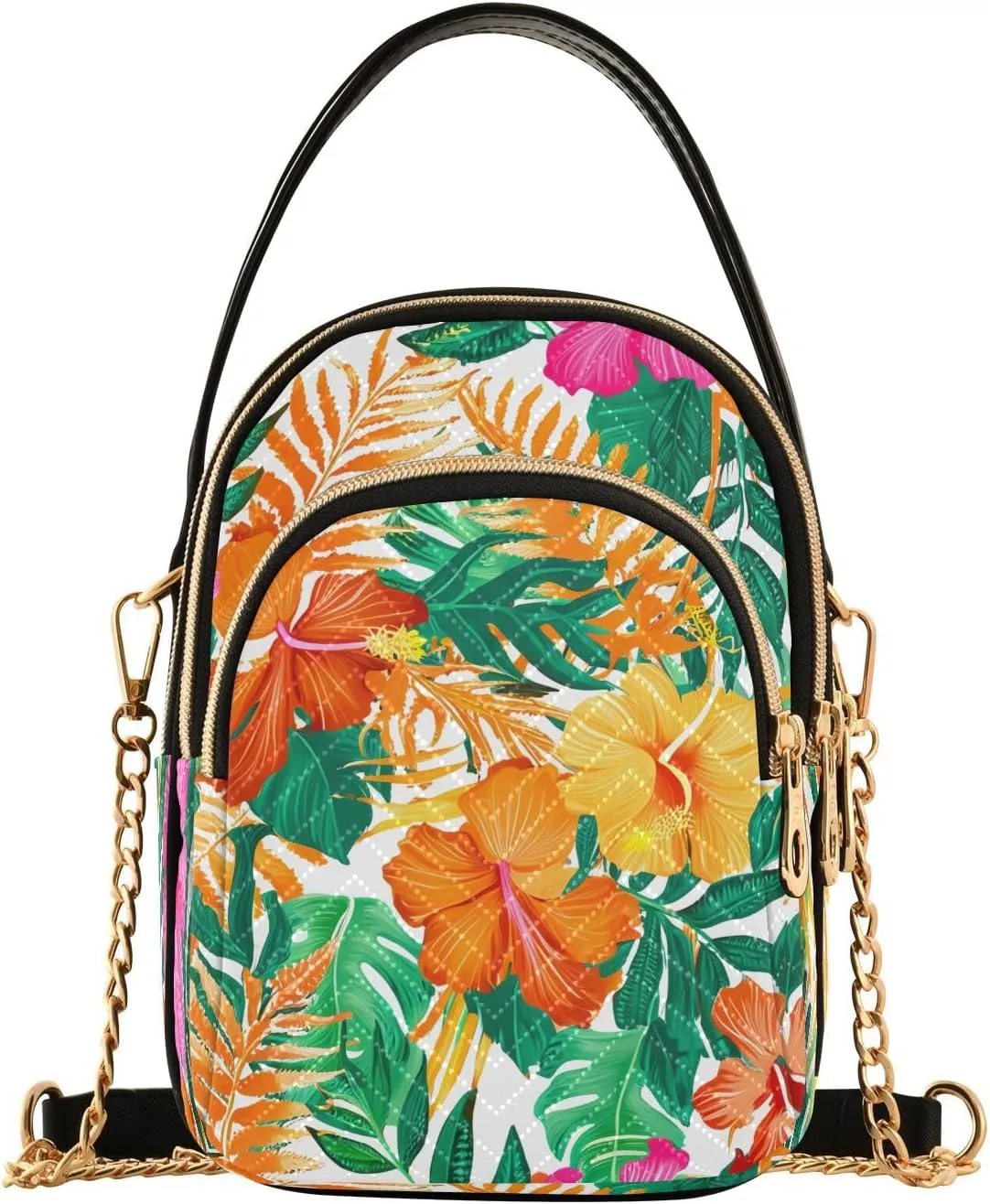 Monstera Ferns Floral White Multi Pockets Crossbody Bags for Women Zip Cell Phone Purse Wallet Bag with Detachable Shoulder Strap Handbag Purse for Gift Traveling Working Shopping Women Girls Trendy