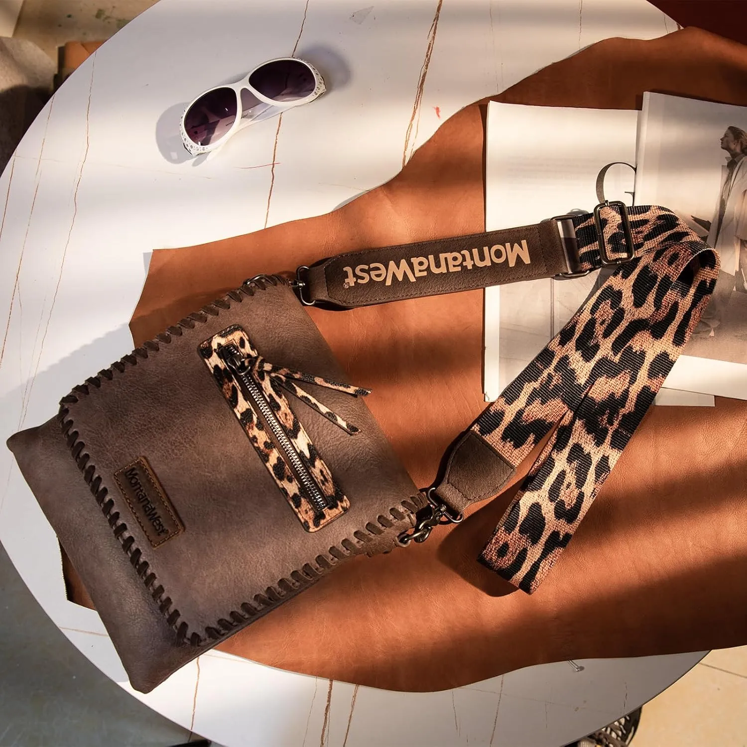 Montana West Crossbody Bags for Women with Dual Compartments Western Cross Body Purse with Leopard Print Guitar Strap