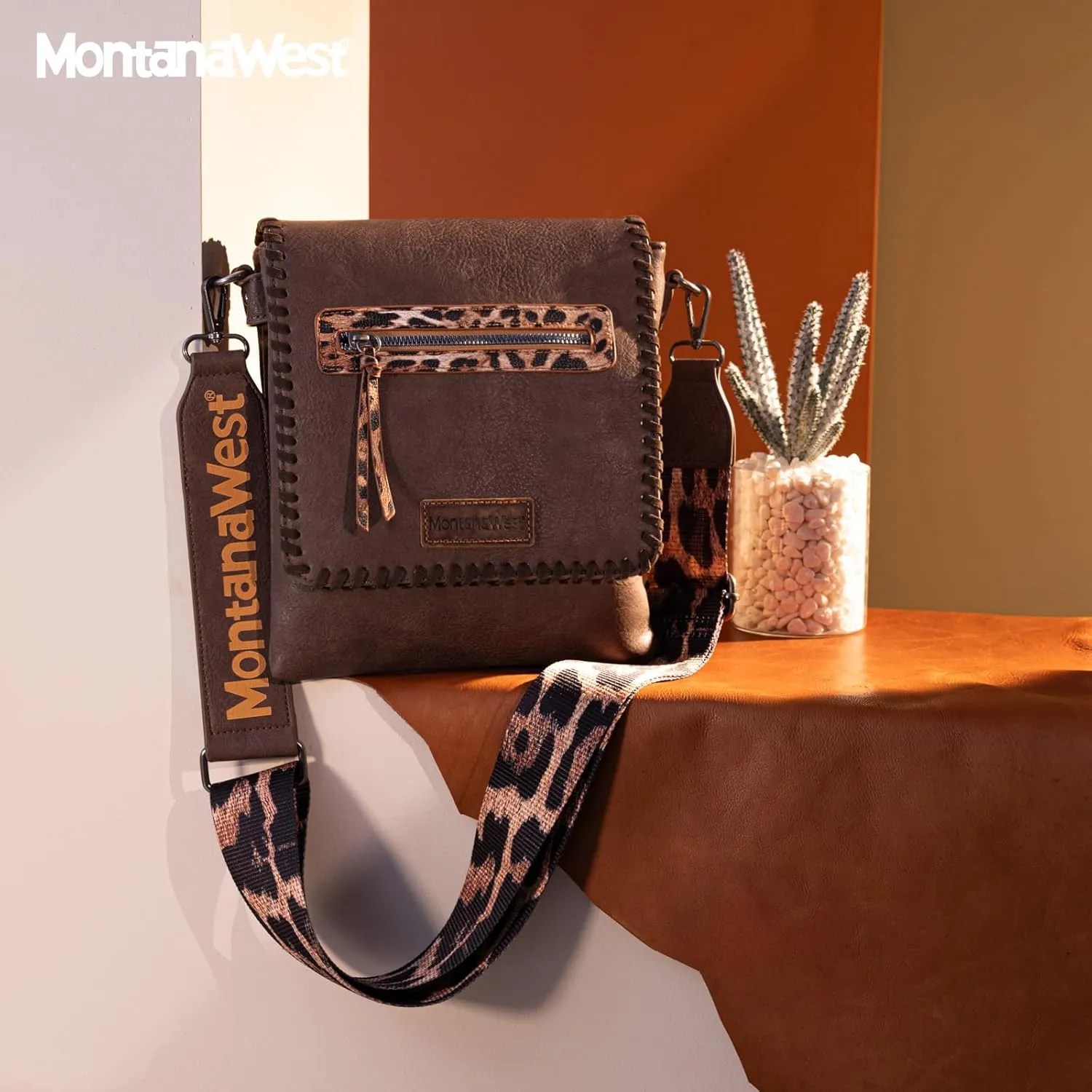 Montana West Crossbody Bags for Women with Dual Compartments Western Cross Body Purse with Leopard Print Guitar Strap