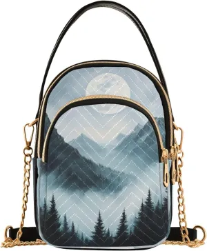 Moon Pine Trees Mountain Multi Pockets Crossbody Bags for Women Zip Cell Phone Purse Wallet Bag with Detachable Shoulder Strap Shoulder Purse for Women Girls Trendy Shopping Traveling Working Gift