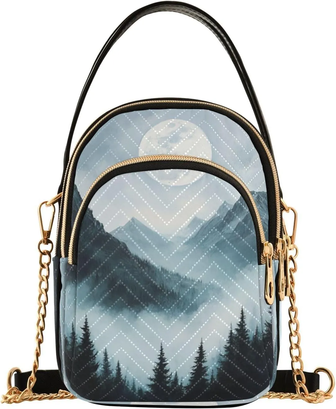 Moon Pine Trees Mountain Multi Pockets Crossbody Bags for Women Zip Cell Phone Purse Wallet Bag with Detachable Shoulder Strap Shoulder Purse for Women Girls Trendy Shopping Traveling Working Gift