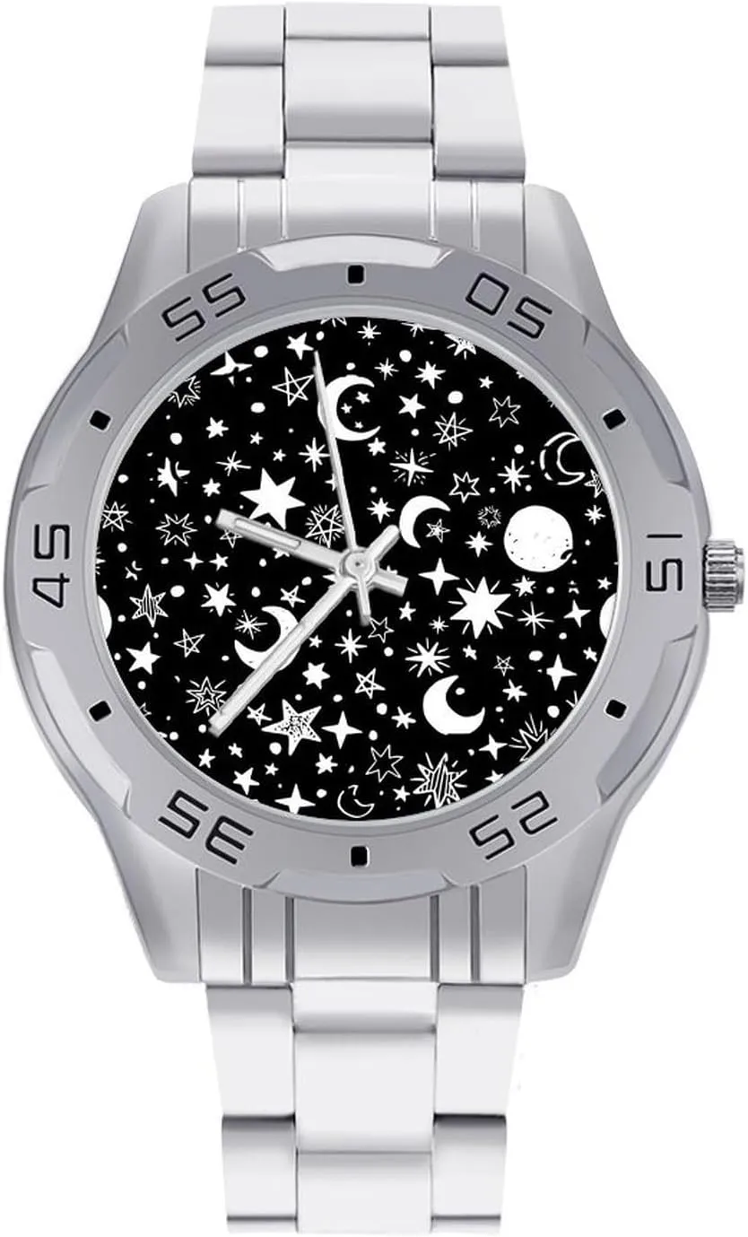 Moons and Stars Simple Wrist Watches for Men Silver Casual Big Face Dress Watch Easy to Read