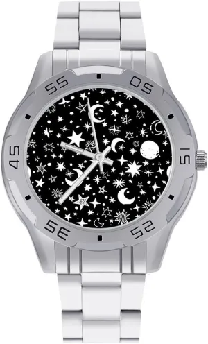 Moons and Stars Simple Wrist Watches for Men Silver Casual Big Face Dress Watch Easy to Read