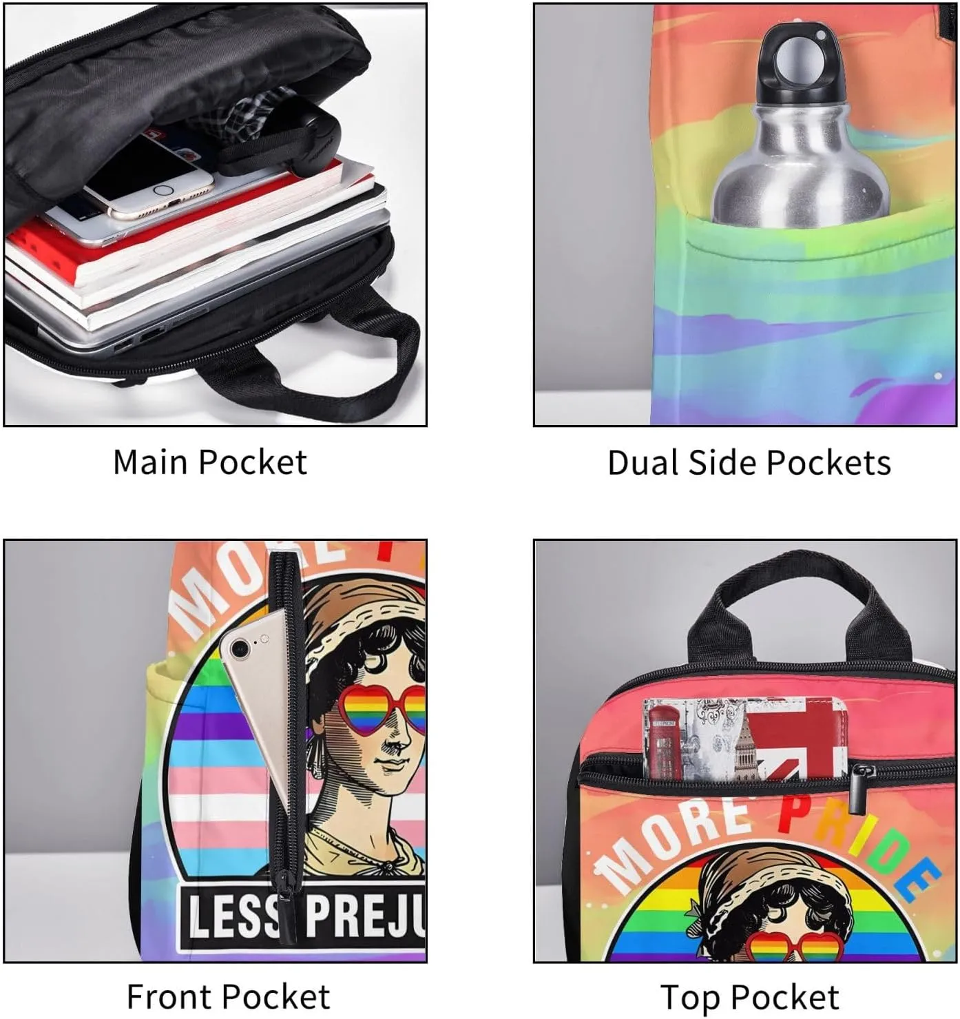 More Pride Less Prejudice LGBT Rainbow Gay Travel Laptop Backpack Casual Backpacks Double Shoulder Daypack Notebook Rucksack Work Bags Sports Bag for Hiking Camping Beach