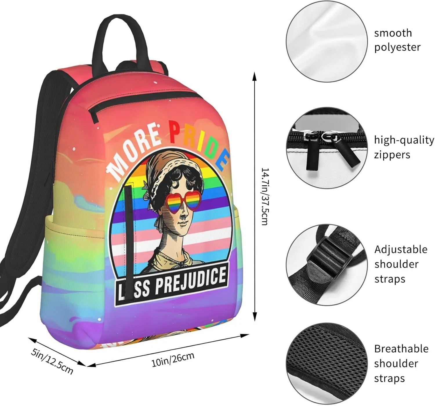 More Pride Less Prejudice LGBT Rainbow Gay Travel Laptop Backpack Casual Backpacks Double Shoulder Daypack Notebook Rucksack Work Bags Sports Bag for Hiking Camping Beach