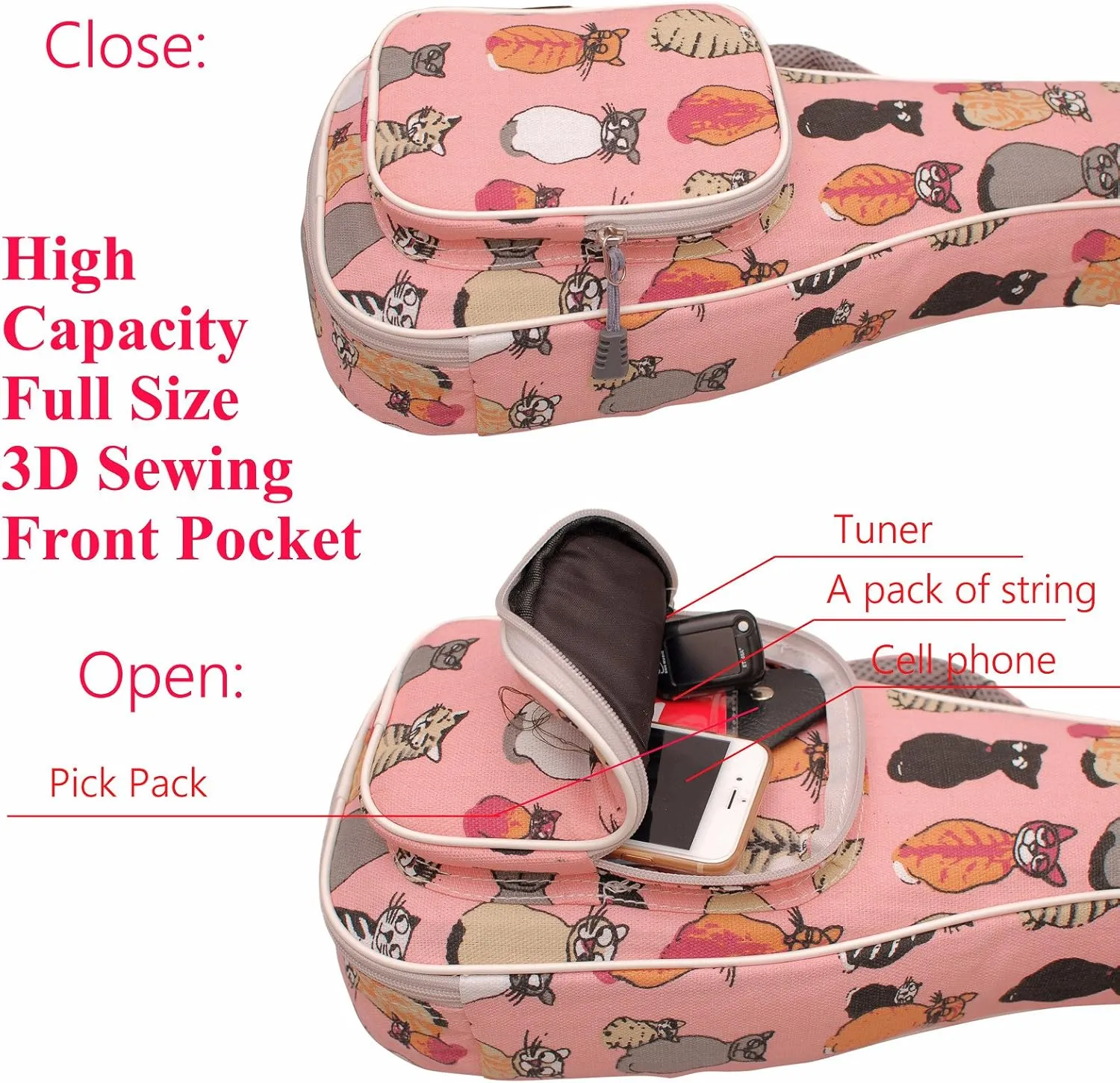 MUSIC FIRST Canvas MISS CAT ukulele case ukulele bag, Double Shoulder Straps, Original Design (Fit for 23~24 inch Concert Ukulele, Double Shoulder Straps)