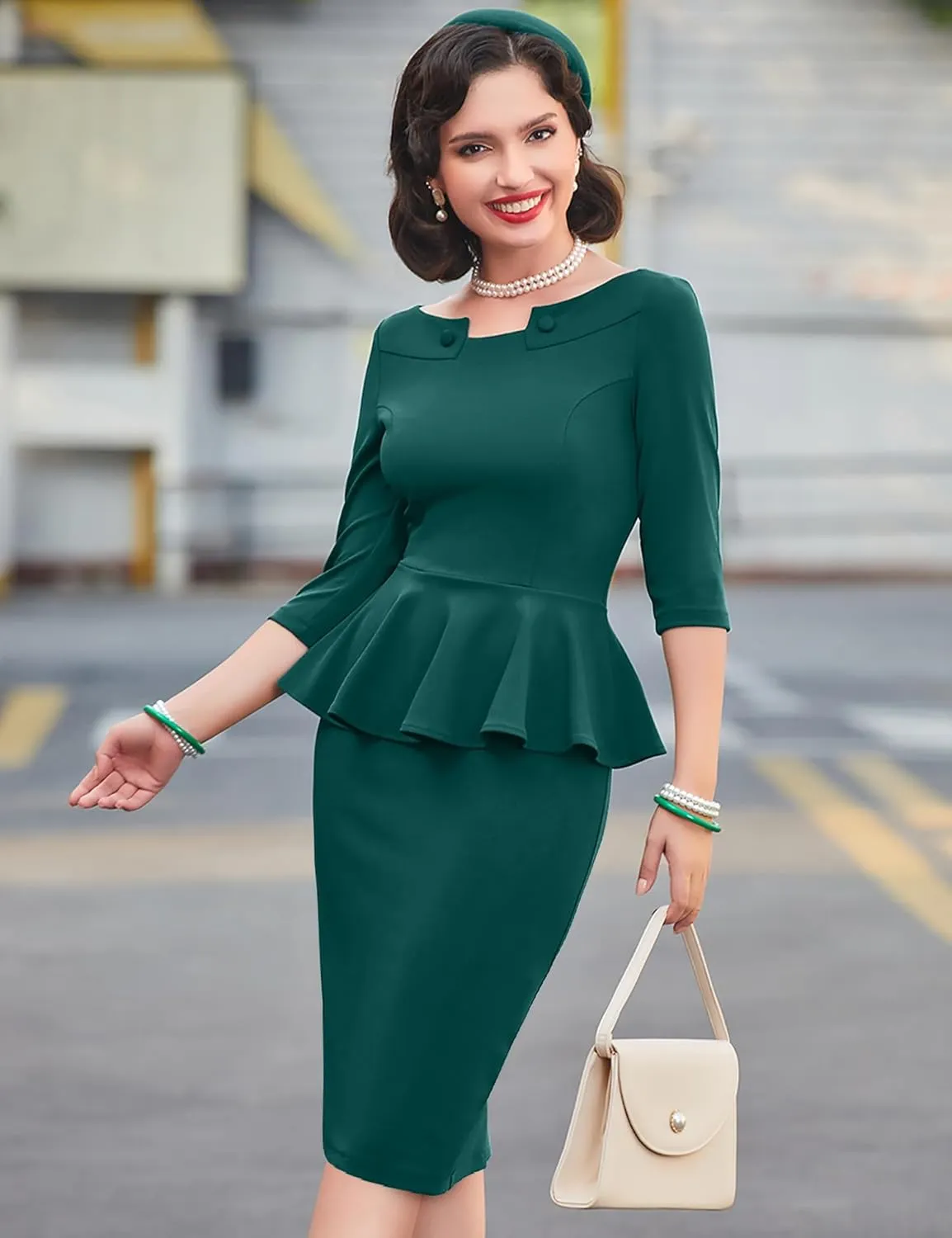 MUXXN Women's 50s Vintage Bodycon 3/4 Sleeve Midi Peplum Business Formal Work Pencil Dresses