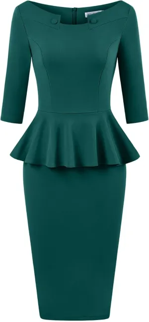 MUXXN Women's 50s Vintage Bodycon 3/4 Sleeve Midi Peplum Business Formal Work Pencil Dresses