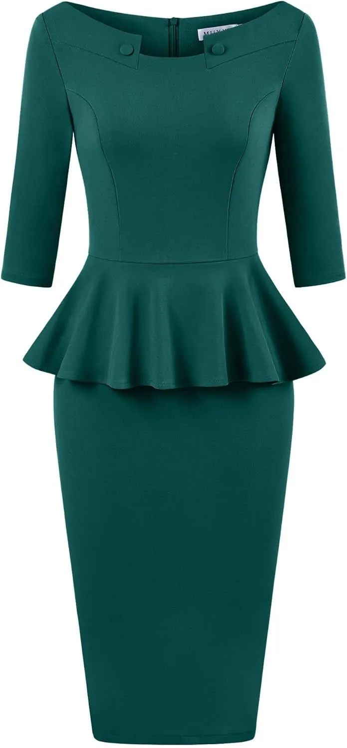 MUXXN Women's 50s Vintage Bodycon 3/4 Sleeve Midi Peplum Business Formal Work Pencil Dresses