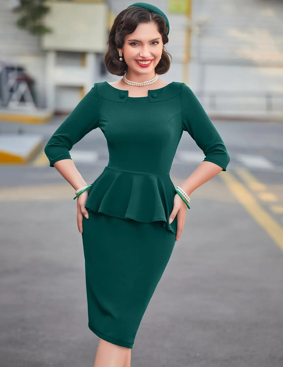 MUXXN Women's 50s Vintage Bodycon 3/4 Sleeve Midi Peplum Business Formal Work Pencil Dresses