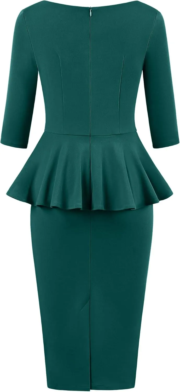 MUXXN Women's 50s Vintage Bodycon 3/4 Sleeve Midi Peplum Business Formal Work Pencil Dresses