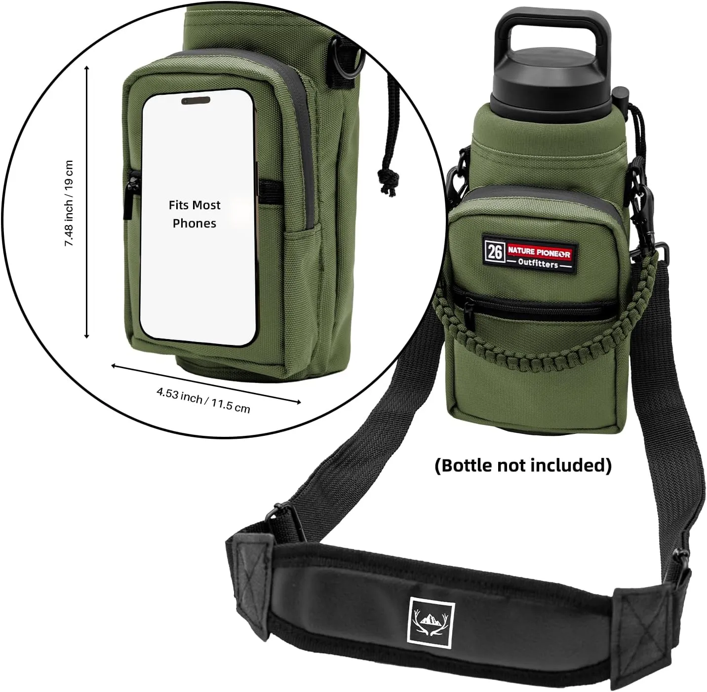 NATURE PIONEOR Water Bottle Carrier with Adjustable Strap - Insulated Sleeve Pouch Water Bottle Holder Bag with Paracord Handle & 2 Storage Pockets for 18/24/25/26/32/36/40/46oz, Hiking, Camping, Gym