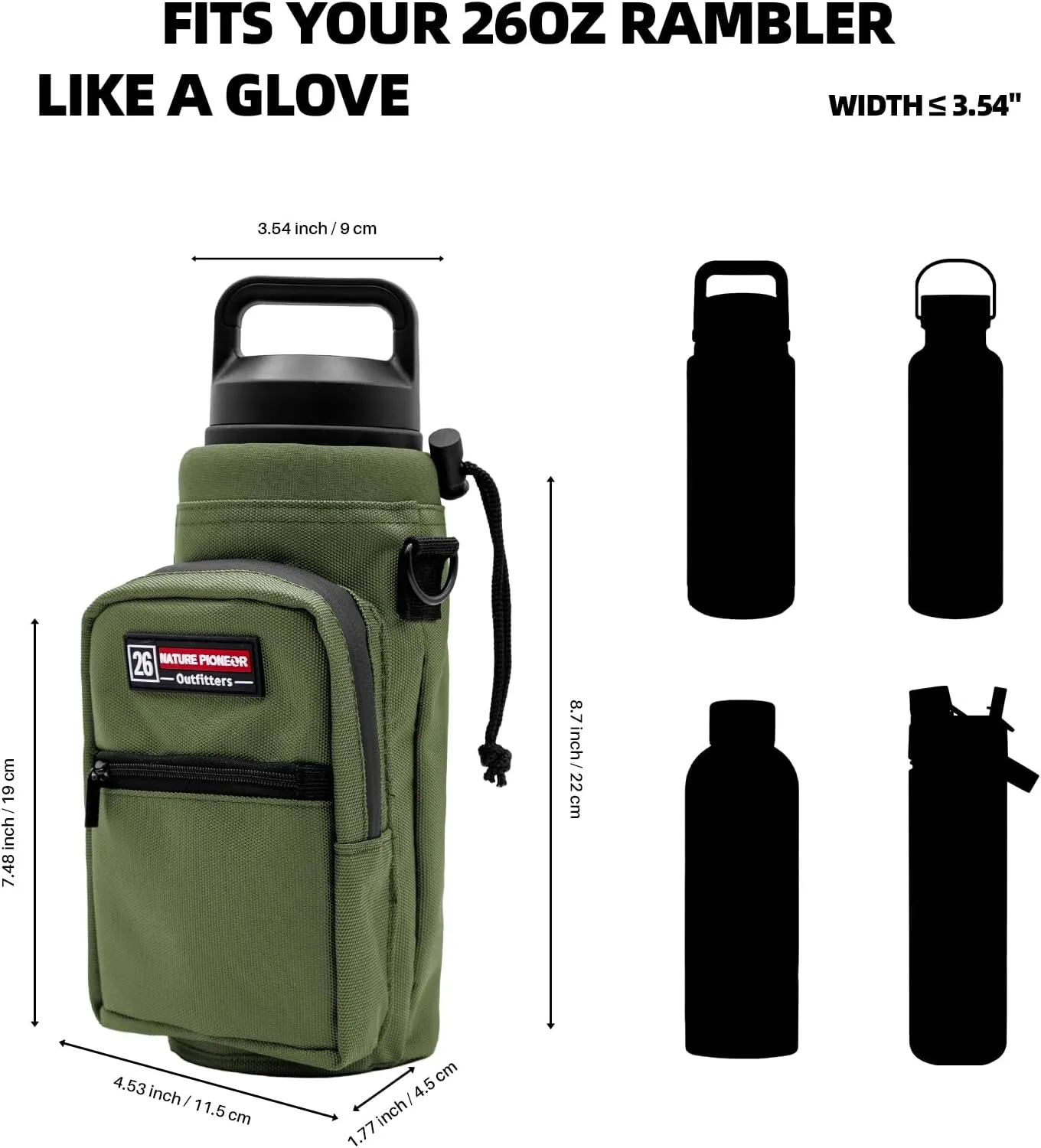 NATURE PIONEOR Water Bottle Carrier with Adjustable Strap - Insulated Sleeve Pouch Water Bottle Holder Bag with Paracord Handle & 2 Storage Pockets for 18/24/25/26/32/36/40/46oz, Hiking, Camping, Gym