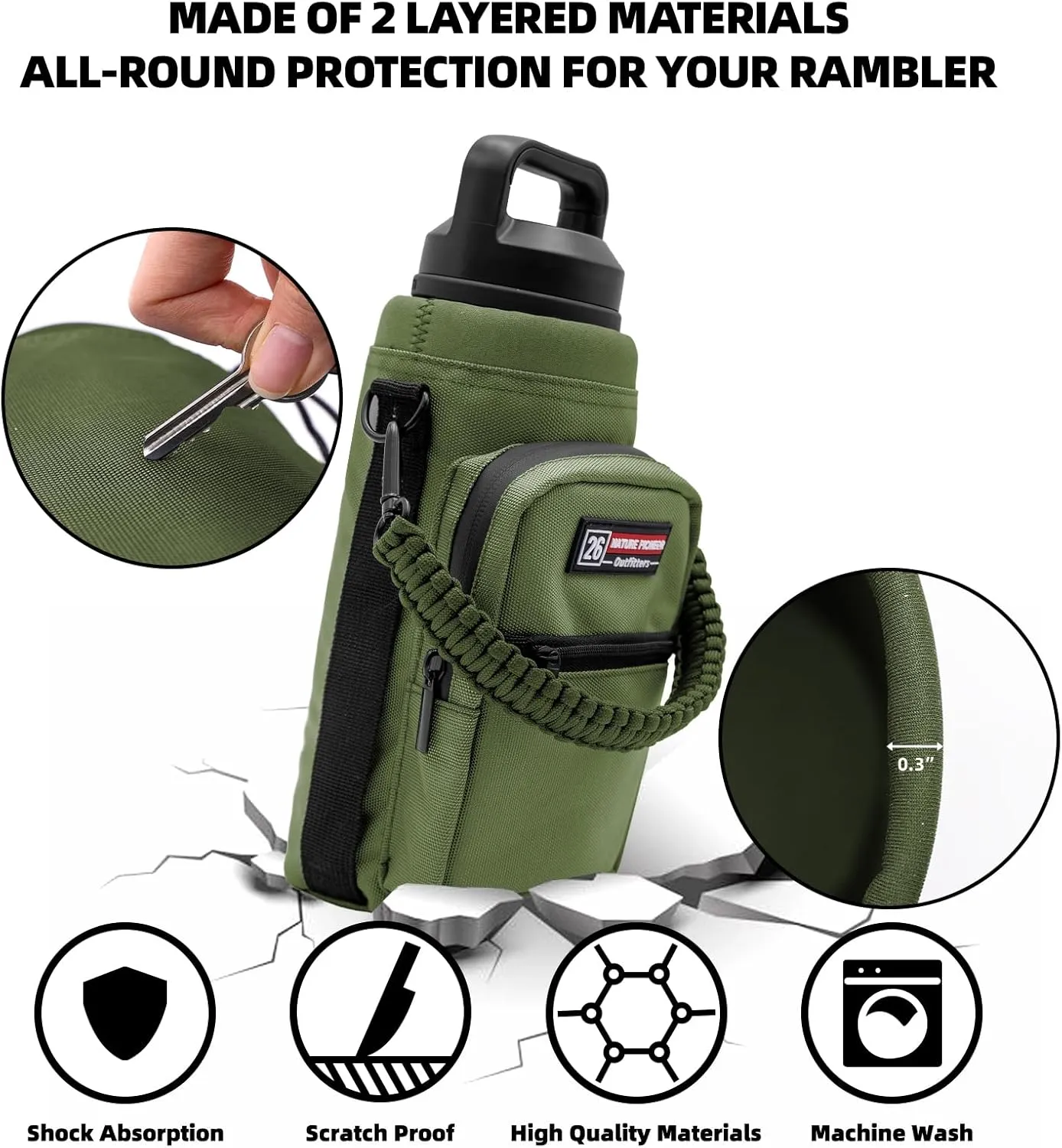 NATURE PIONEOR Water Bottle Carrier with Adjustable Strap - Insulated Sleeve Pouch Water Bottle Holder Bag with Paracord Handle & 2 Storage Pockets for 18/24/25/26/32/36/40/46oz, Hiking, Camping, Gym