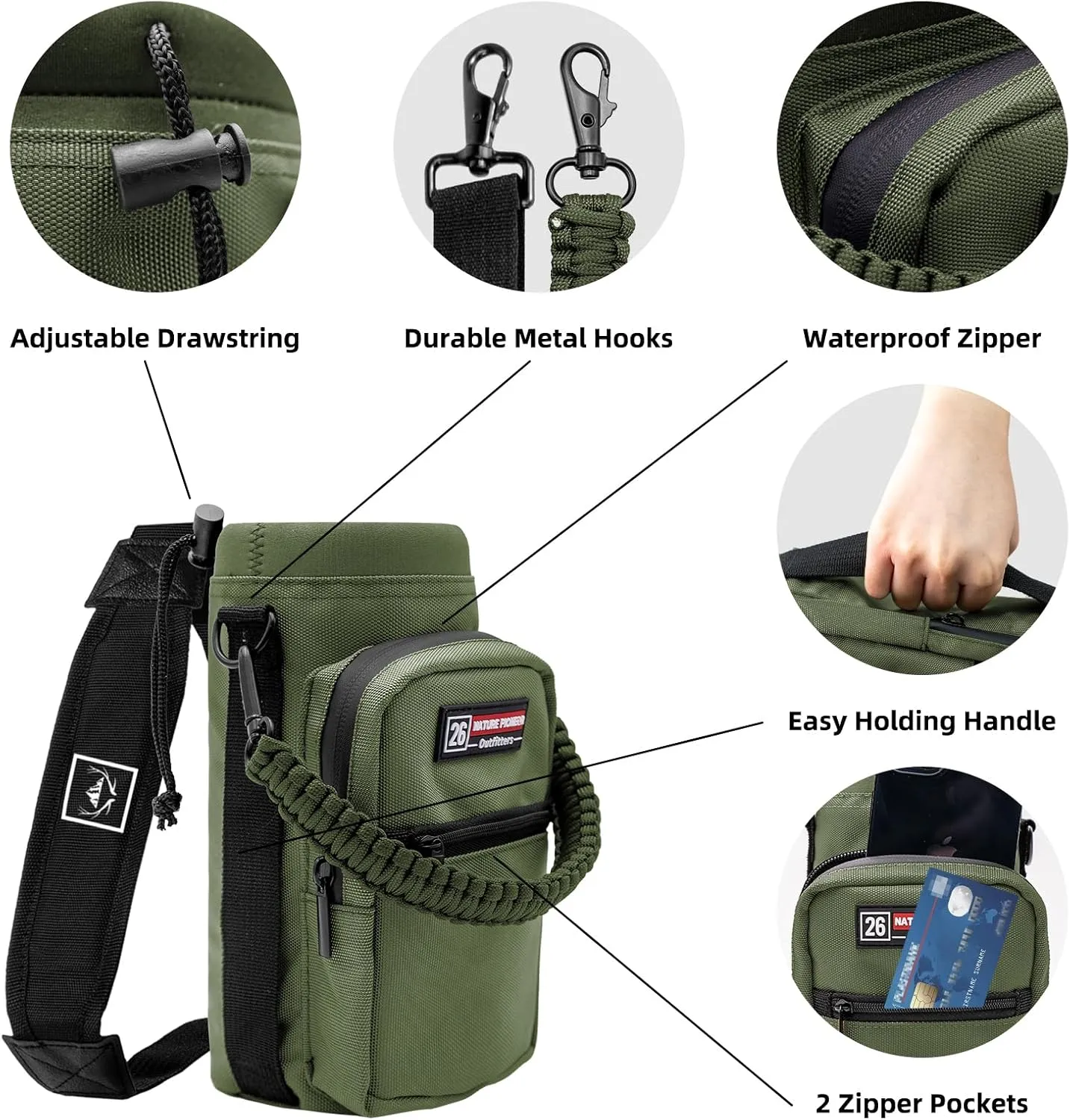 NATURE PIONEOR Water Bottle Carrier with Adjustable Strap - Insulated Sleeve Pouch Water Bottle Holder Bag with Paracord Handle & 2 Storage Pockets for 18/24/25/26/32/36/40/46oz, Hiking, Camping, Gym