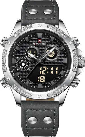 NAVIFORCE Men's Display Quartz Digital Watch - Super Bright Backlight, Chronograph, Waterproof Sports Watch with Leather Wristband (Silver Green)