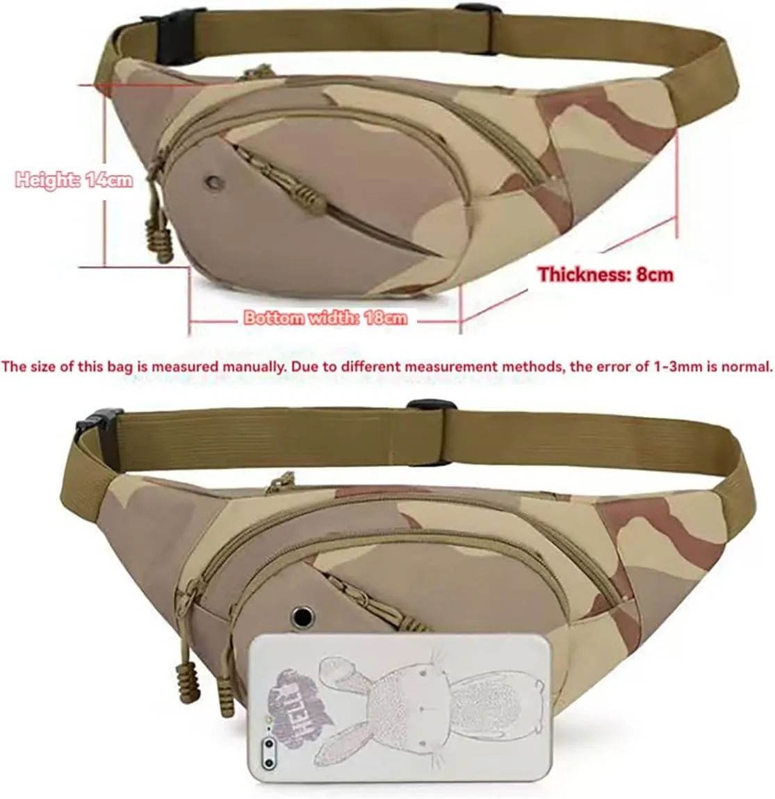 NCDUANSAN Men's running multifunctional wear-resistant waist bag, casual chest bag, large capacity, camouflage sports bag (grey)