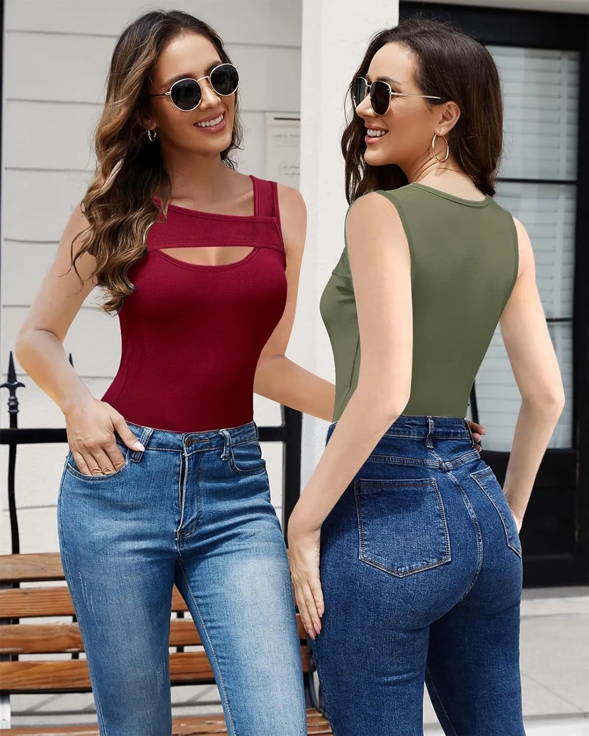 Necooer Womens Casual Tank Tops Sleeveless Ribbed Cutout Square Neck Slim Sexy Fashion Summer Cami Tops