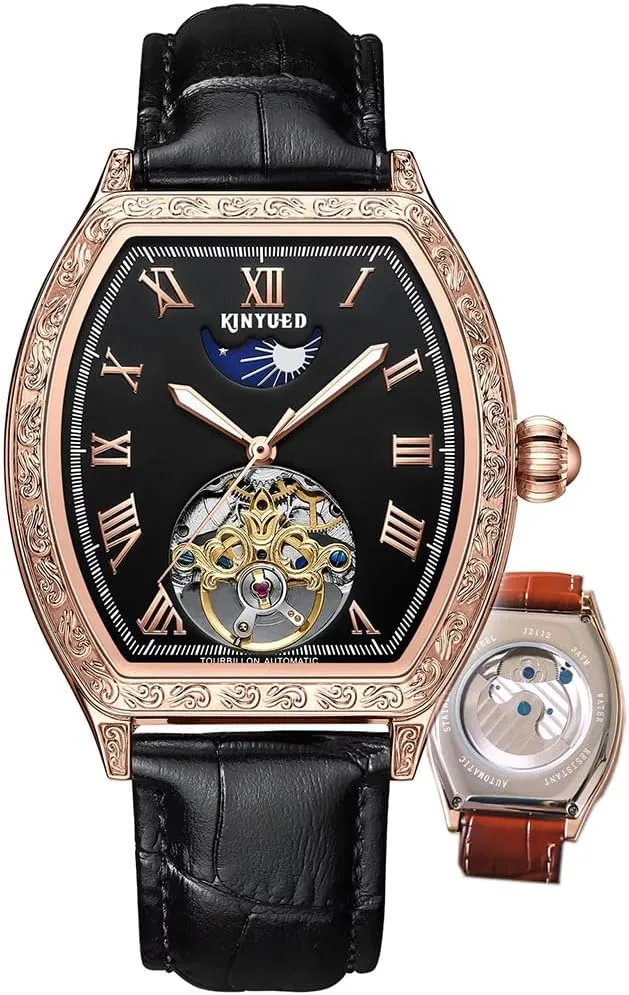 New Man Mechanical Watch Tonneau Dial Luxury Business Carved Hollow Flywheel Automatic Watches Waterproof Luminous Leather Strap Men's Wristwatch