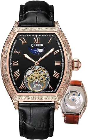 New Man Mechanical Watch Tonneau Dial Luxury Business Carved Hollow Flywheel Automatic Watches Waterproof Luminous Leather Strap Men's Wristwatch