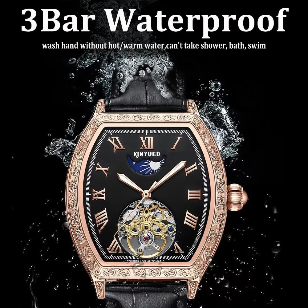 New Man Mechanical Watch Tonneau Dial Luxury Business Carved Hollow Flywheel Automatic Watches Waterproof Luminous Leather Strap Men's Wristwatch
