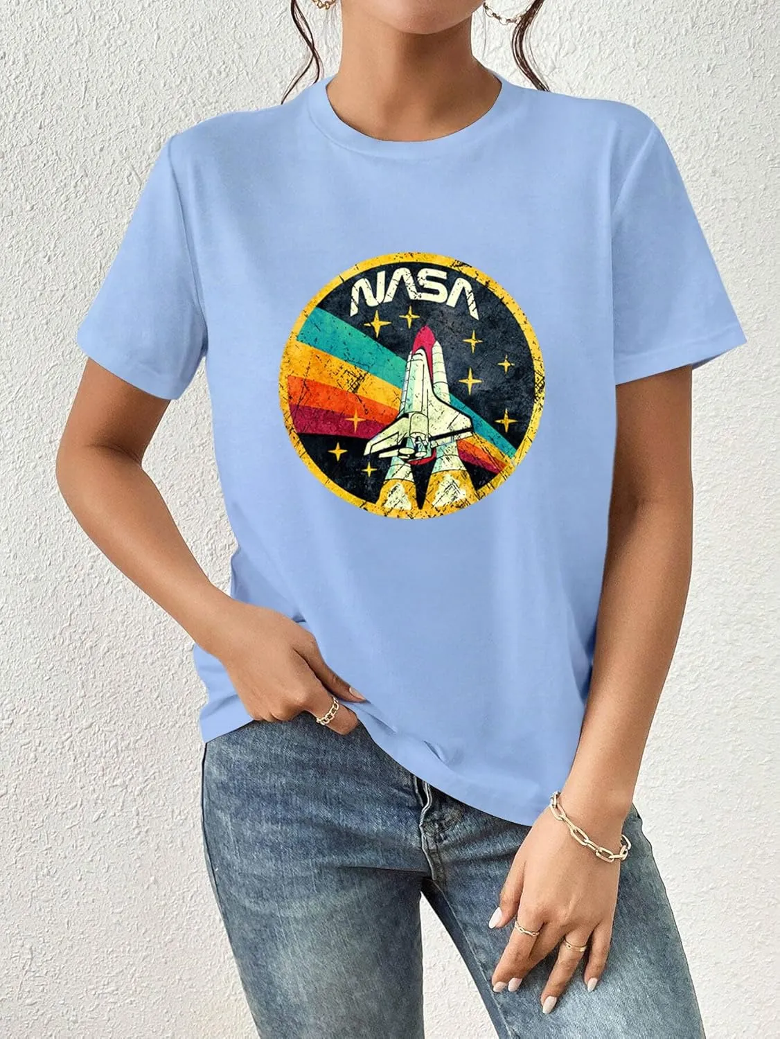 Nicetage Women Vintage Space Shuttle Graphic T-Shirt NASA Letter Print Shirt Casual Tee Tops