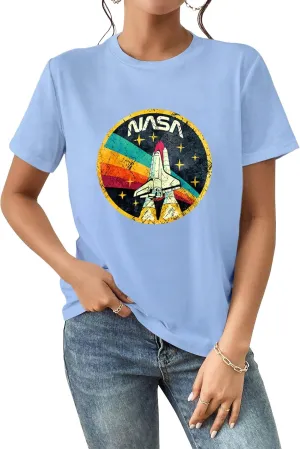 Nicetage Women Vintage Space Shuttle Graphic T-Shirt NASA Letter Print Shirt Casual Tee Tops