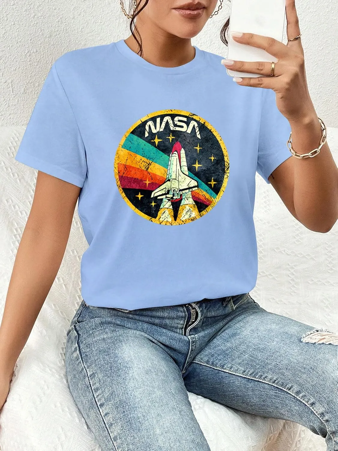 Nicetage Women Vintage Space Shuttle Graphic T-Shirt NASA Letter Print Shirt Casual Tee Tops