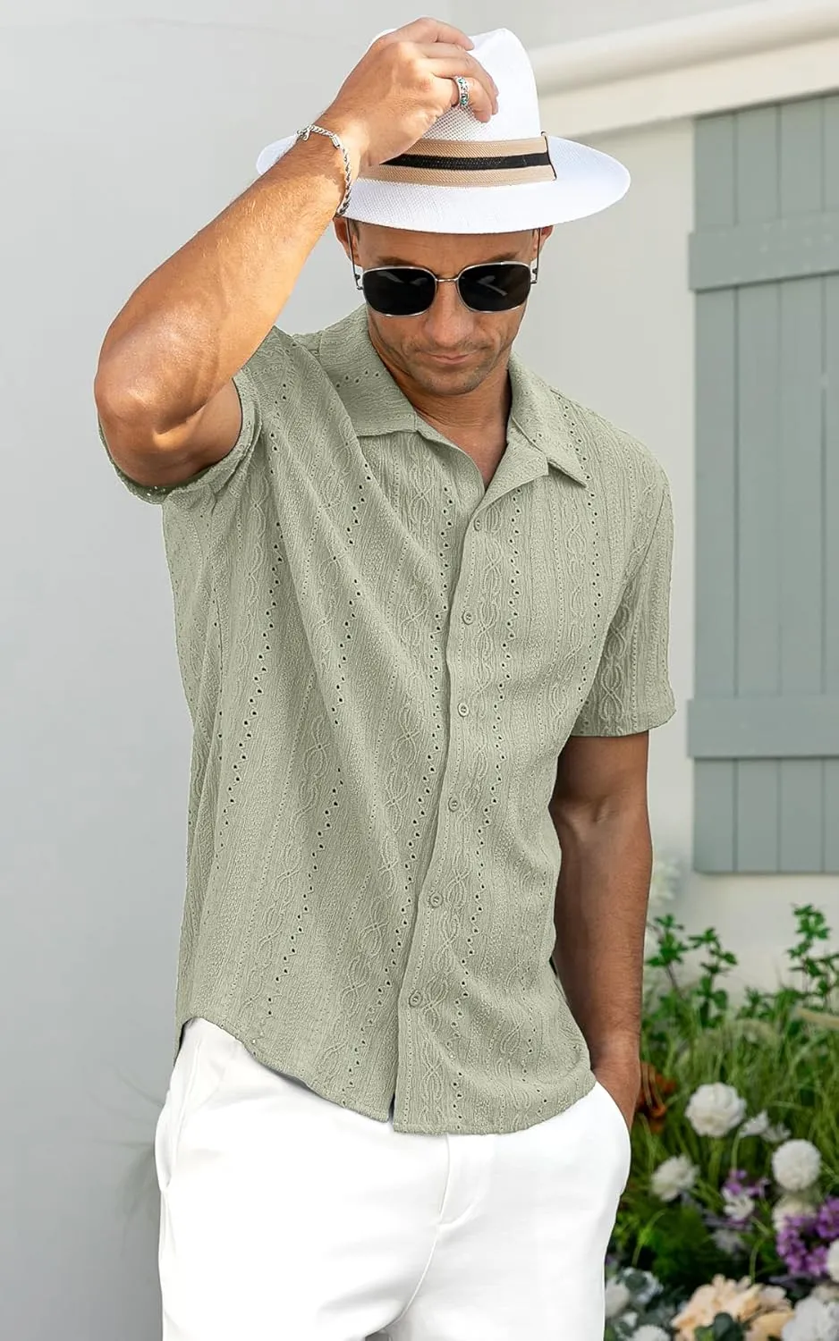 NITAGUT Men's Short Sleeve Shirts Casual Button Down Shirts Vacation Beach Summer Hollow Out Tops