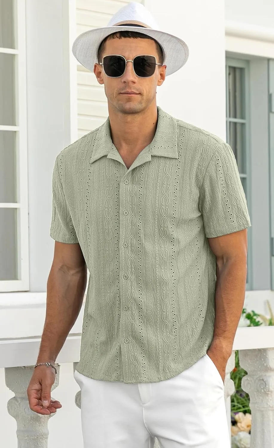 NITAGUT Men's Short Sleeve Shirts Casual Button Down Shirts Vacation Beach Summer Hollow Out Tops