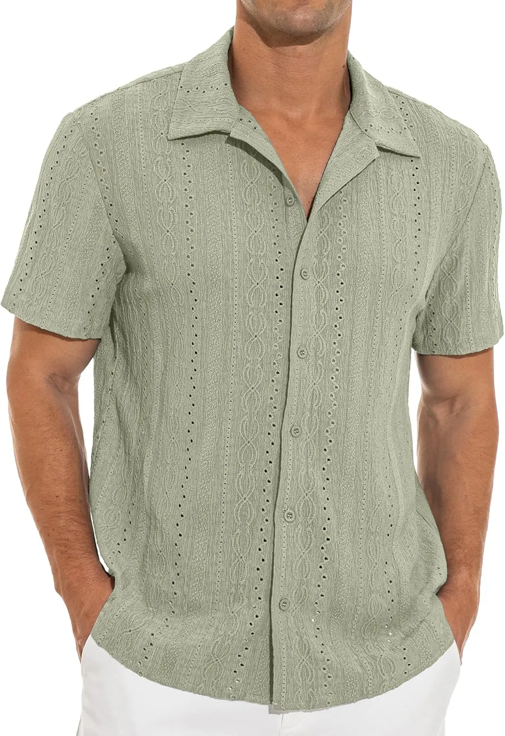 NITAGUT Men's Short Sleeve Shirts Casual Button Down Shirts Vacation Beach Summer Hollow Out Tops
