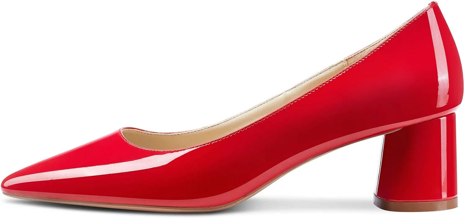 NobleOnly Womens Chunky Mid-Heels Pointed Toe Pumps Leather Lining Business Office Classic Shoes 5 CM Block Heels