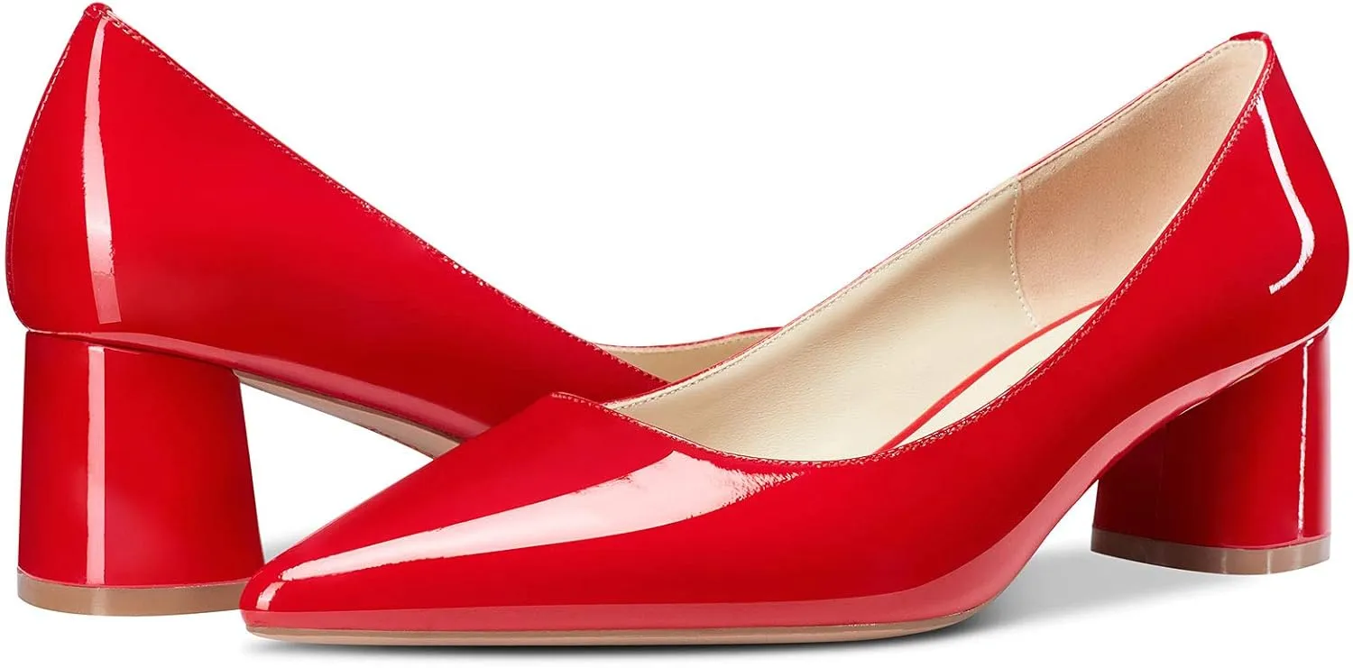 NobleOnly Womens Chunky Mid-Heels Pointed Toe Pumps Leather Lining Business Office Classic Shoes 5 CM Block Heels