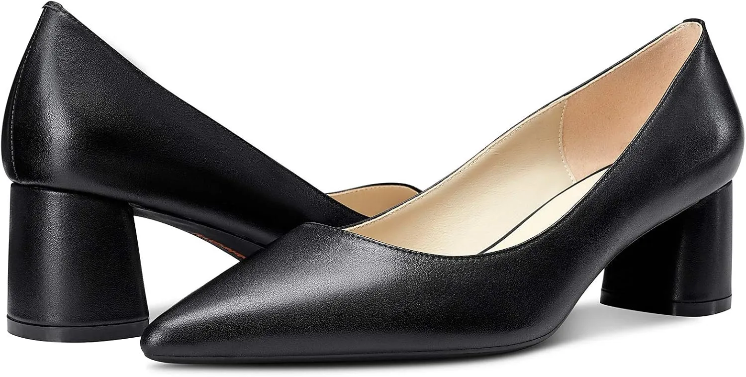 NobleOnly Womens Chunky Mid-Heels Pointed Toe Pumps Leather Lining Business Office Classic Shoes 5 CM Block Heels