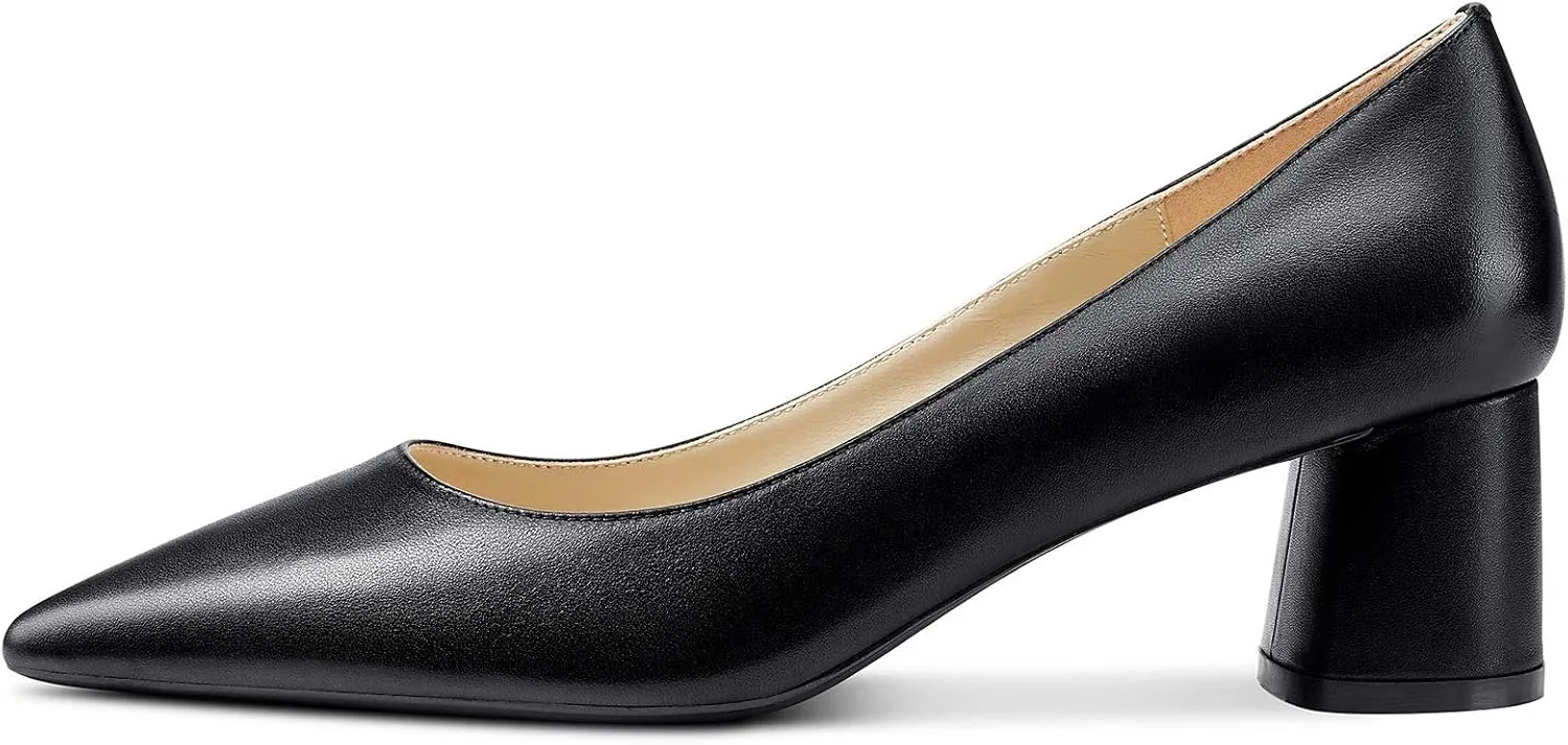 NobleOnly Womens Chunky Mid-Heels Pointed Toe Pumps Leather Lining Business Office Classic Shoes 5 CM Block Heels