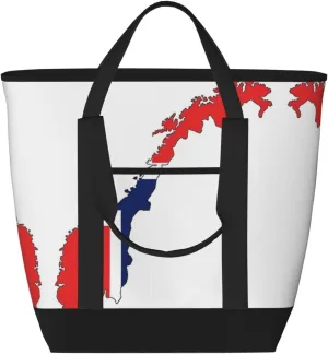 Norwegian Flag Map Beach bag suitable for women Large insulated grocery shopping bag with pocket zipper canvas handbag
