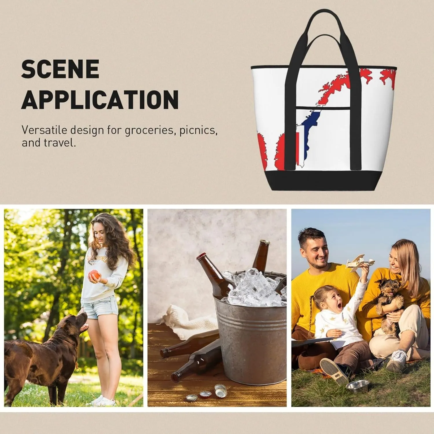 Norwegian Flag Map Beach bag suitable for women Large insulated grocery shopping bag with pocket zipper canvas handbag