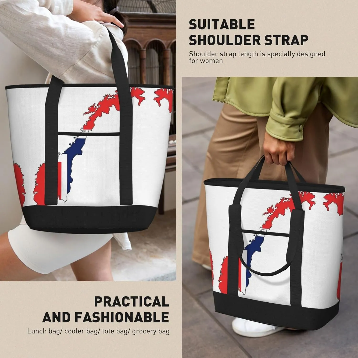 Norwegian Flag Map Beach bag suitable for women Large insulated grocery shopping bag with pocket zipper canvas handbag
