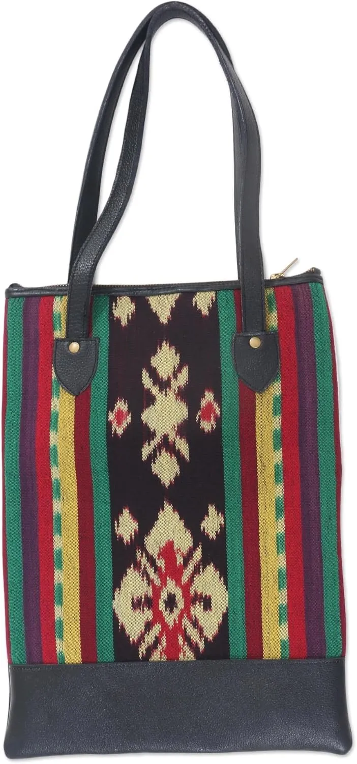 NOVICA Artisan Handcrafted Leather Accent Cotton Shoulder Bag Ikat Jepara Handbags Multicolor Black Ikatpatterned Indonesia Woven ' Joyous Jepara'