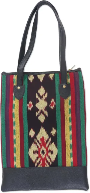 NOVICA Artisan Handcrafted Leather Accent Cotton Shoulder Bag Ikat Jepara Handbags Multicolor Black Ikatpatterned Indonesia Woven ' Joyous Jepara'